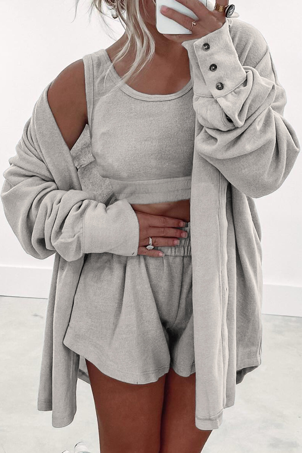 3 Pcs Crop Tank Top Shorts with Cardigan Lounge Set