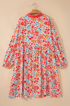 Plus Size Button V Neck Leopard Print Puff Sleeve Loose Mini Dress