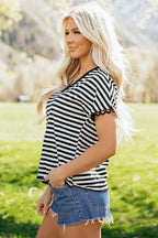 Black Striped Print V Neck Delicate Trim Casual Tee