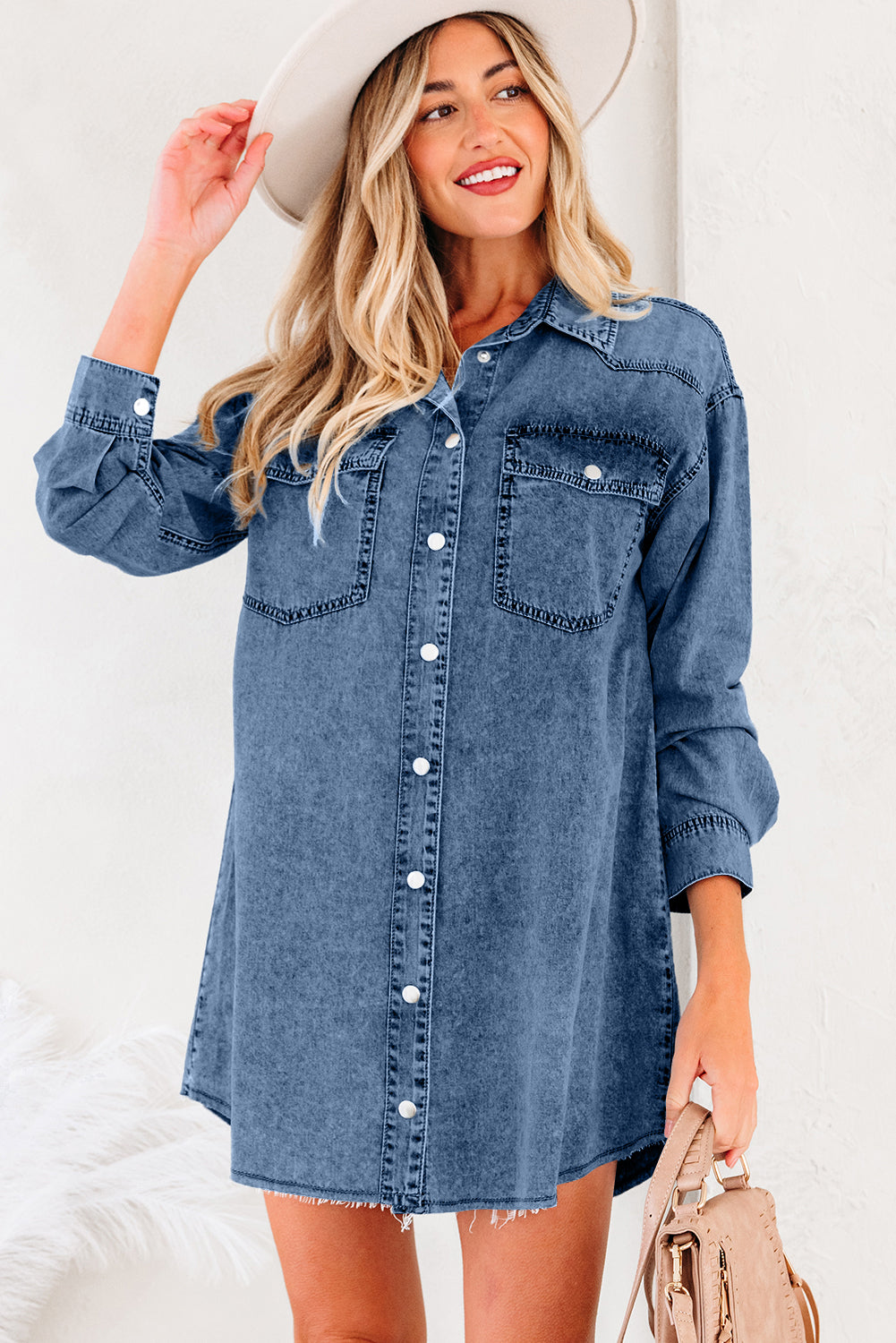 Chest Pocket Raw Hem Denim Loose Shirt Dress