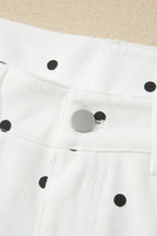 White Polka Dot Print Embroidered Scallop Hem Shorts