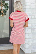 Striped Quarter Zip Polo Collar T Shirt Dress with Pockets