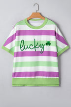 Green Stripe Lucky Clover Embroidered Graphic Dolman Loose Tee