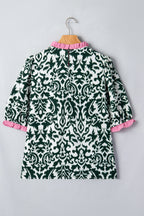 Damask Print Ruffled Colour Block Detail Half Sleeve Blouse