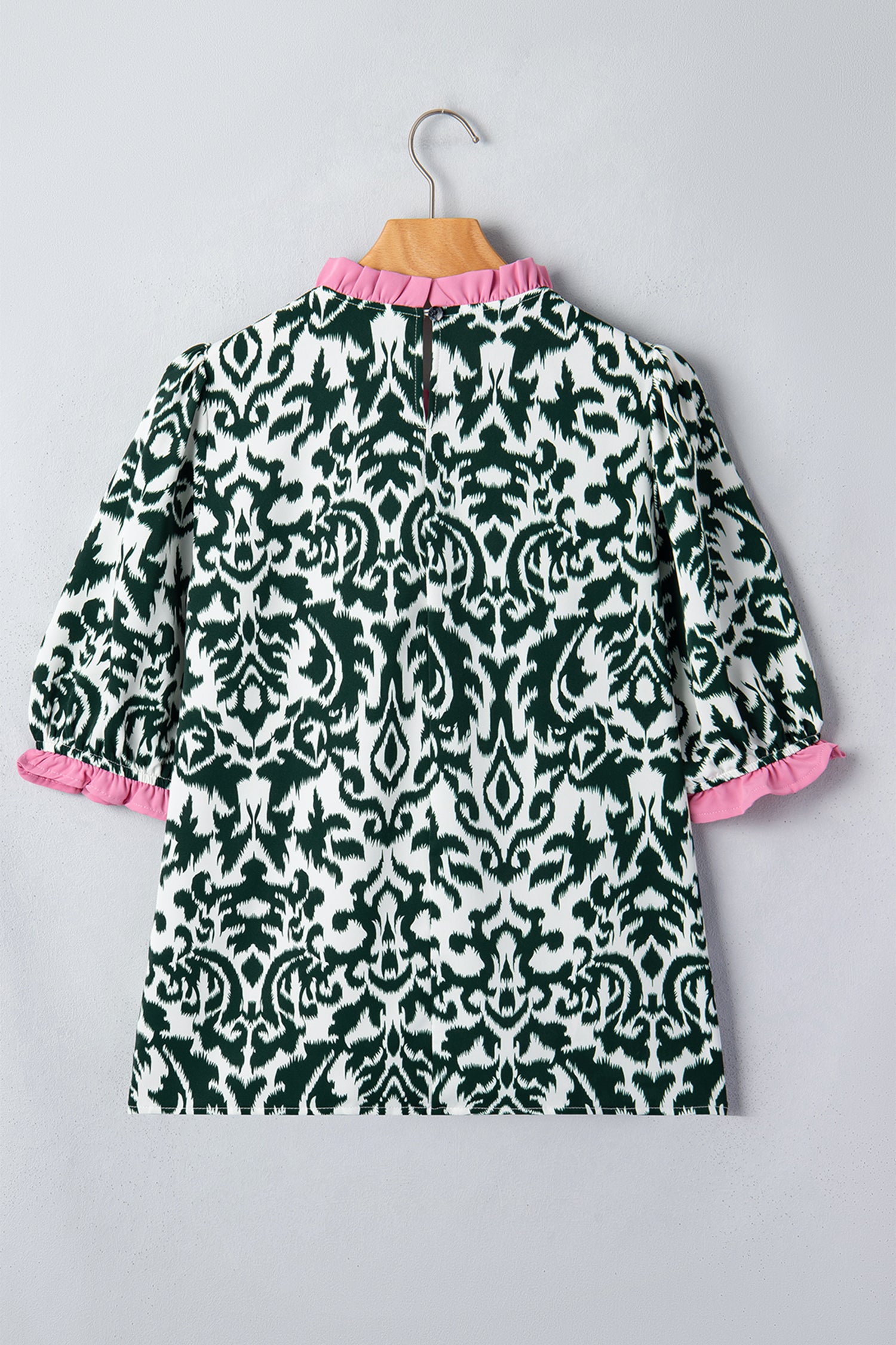 Damask Print Ruffled Colour Block Detail Half Sleeve Blouse