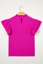 Rose Red Solid Color Textured Ruffle Trim Short Sleeve Blouse