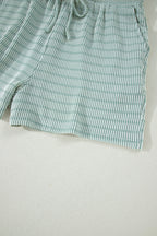 Striped Raised Rib Loose Tee Drawstring Elastic Waist 2pcs Short Set