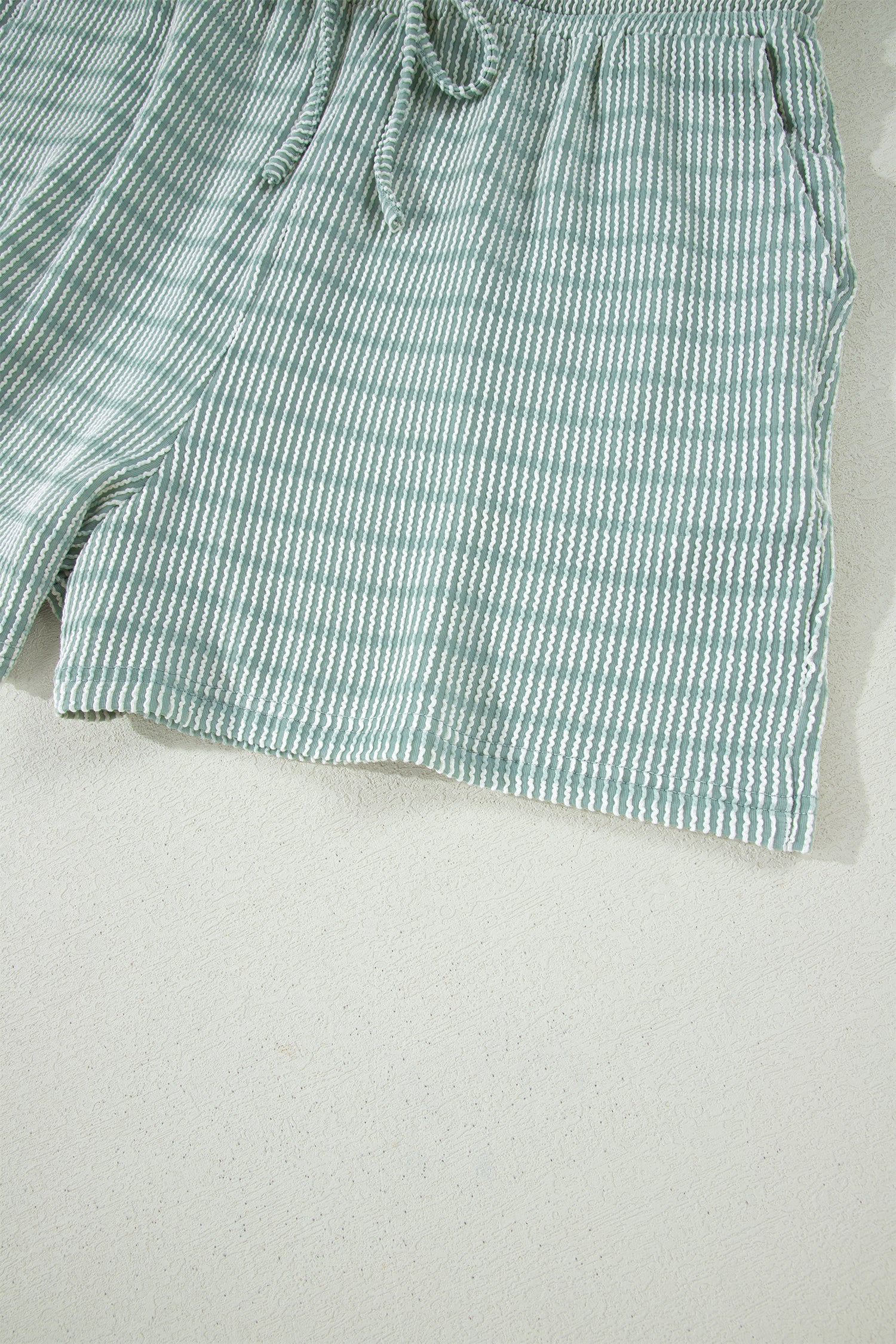 Striped Raised Rib Loose Tee Drawstring Elastic Waist 2pcs Short Set