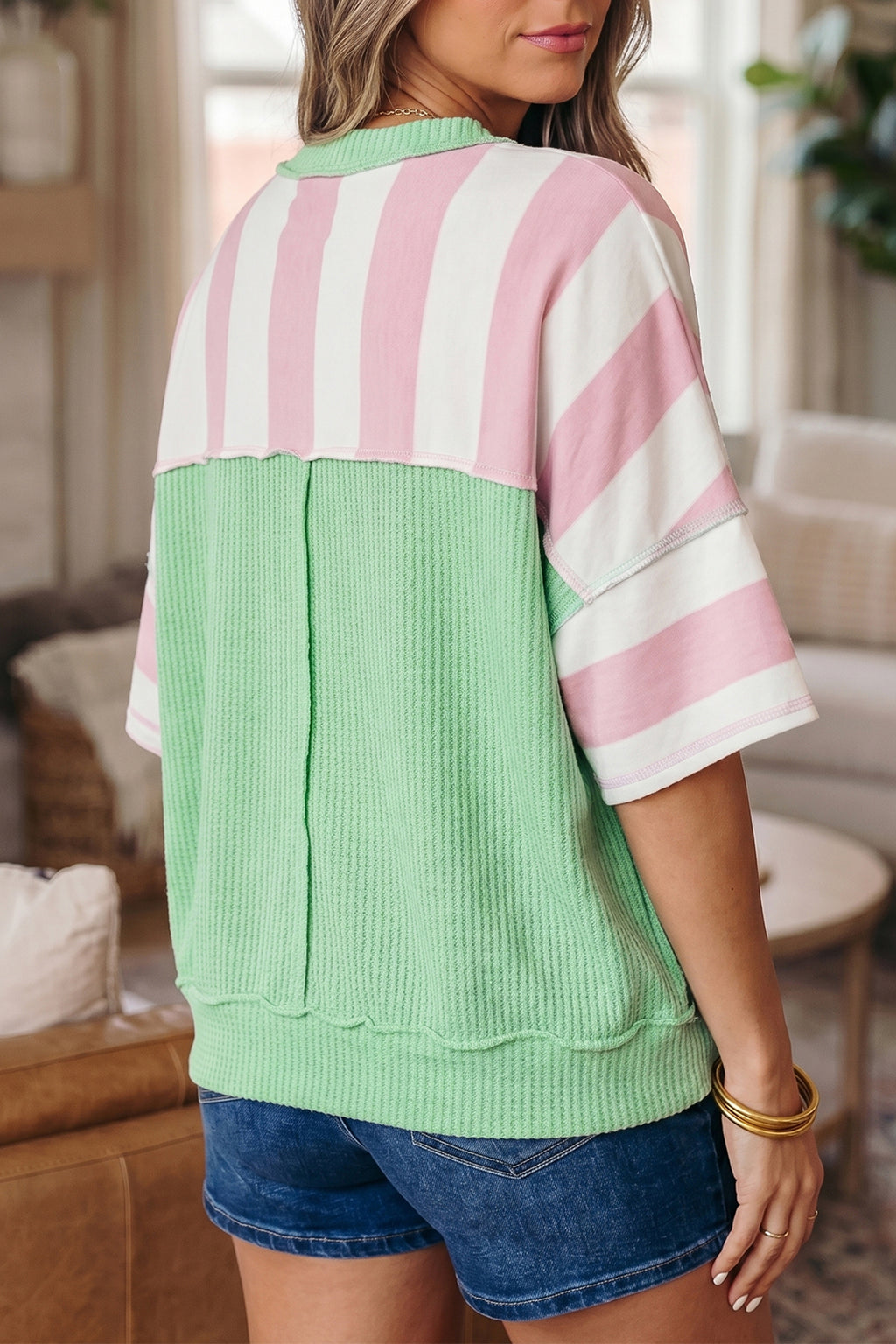 Striped Exposed Seam Ribbed Patchwork Oversized Tee