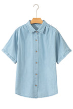 Sky Blue Stripe Cuffed Short Sleeve Button up Loose Shirt