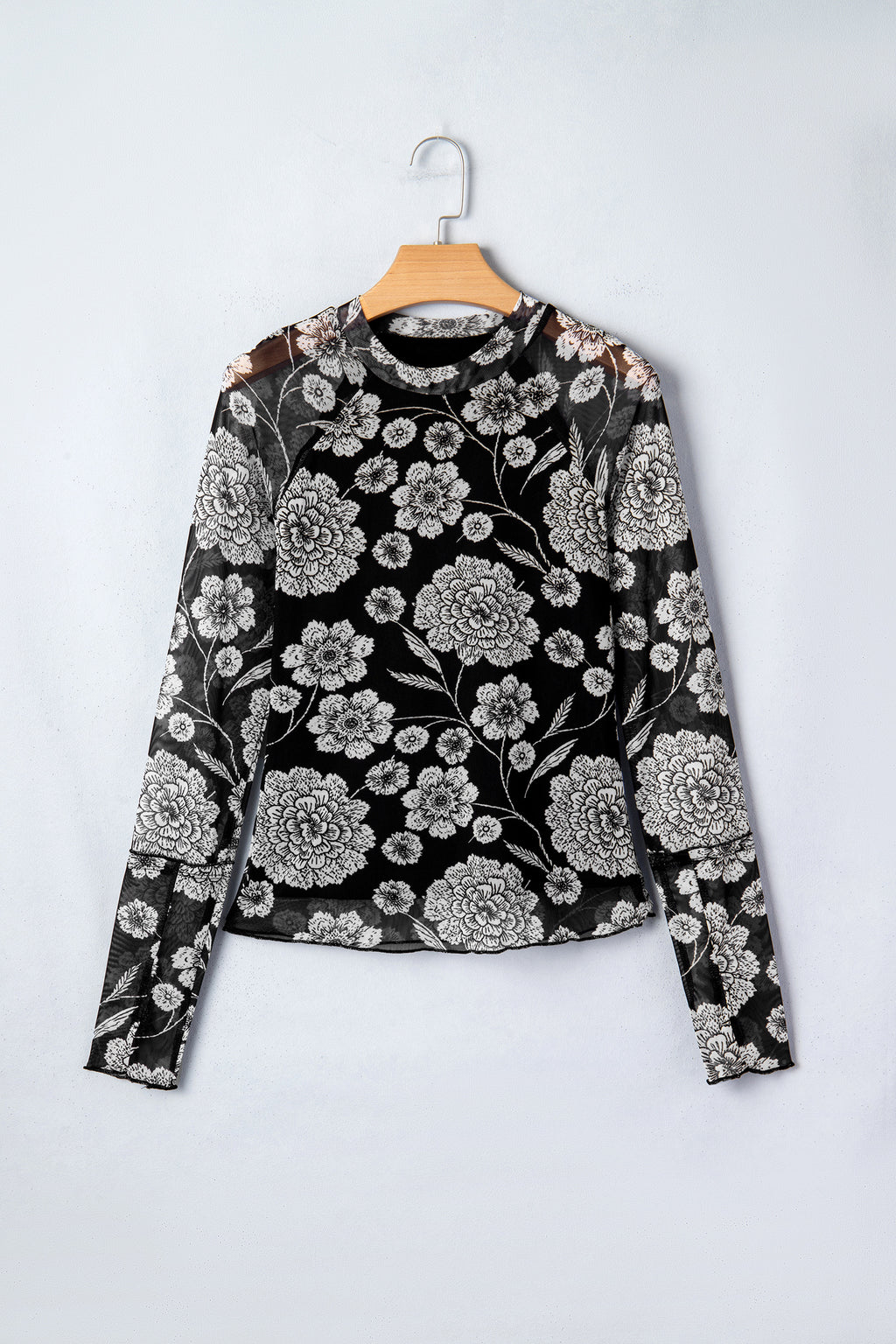 Thumbhole Long Sleeve Floral Print Mesh Top