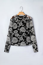 Thumbhole Long Sleeve Floral Print Mesh Top