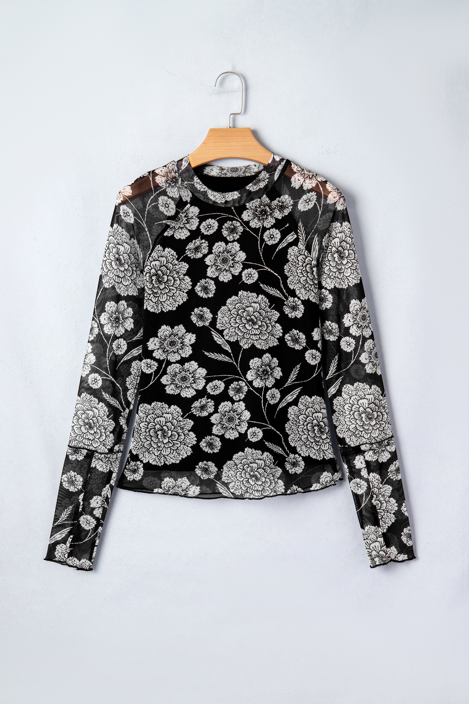 Thumbhole Long Sleeve Floral Print Mesh Top