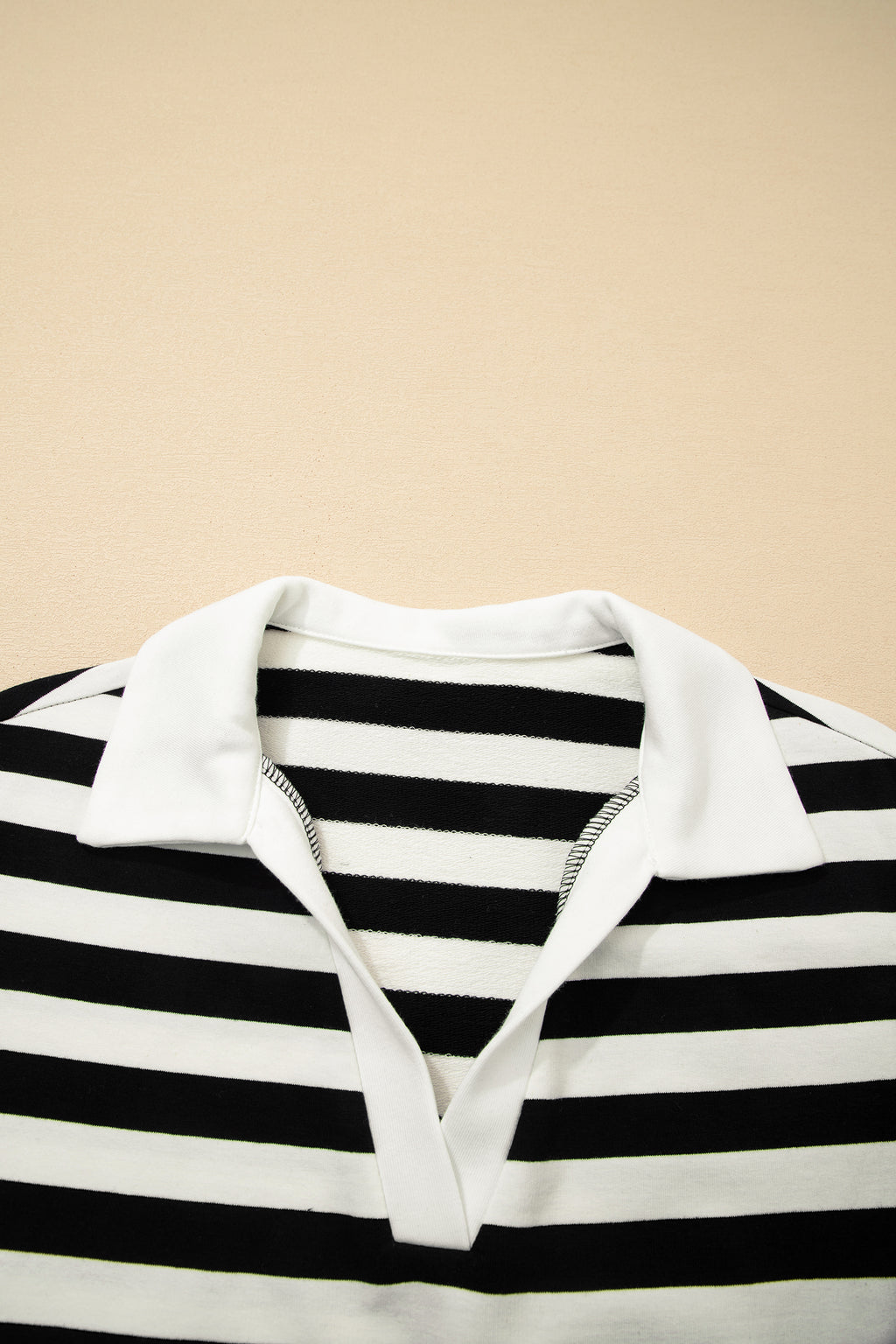 Striped Collar V Neck Ruffled Short Sleeve Blouse