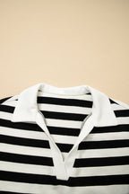 Striped Collar V Neck Ruffled Short Sleeve Blouse