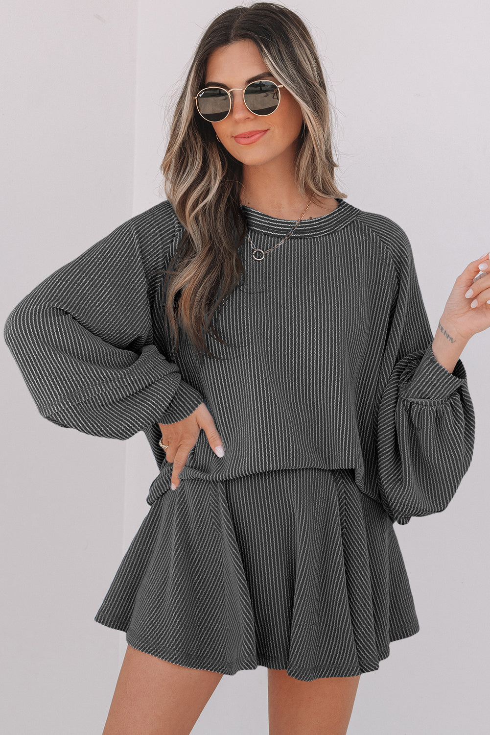 Corded Lantern Sleeve Top High Waist Ruffled Mini Skort Set