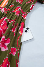 Green Floral Print Striped Trim Split Neck Short Puff Sleeve Ruffle Hem Maxi Dress