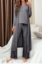 3pcs V Neck T Shirt Ribbon Knot Pants Open Duster 3pcs Lounge Set