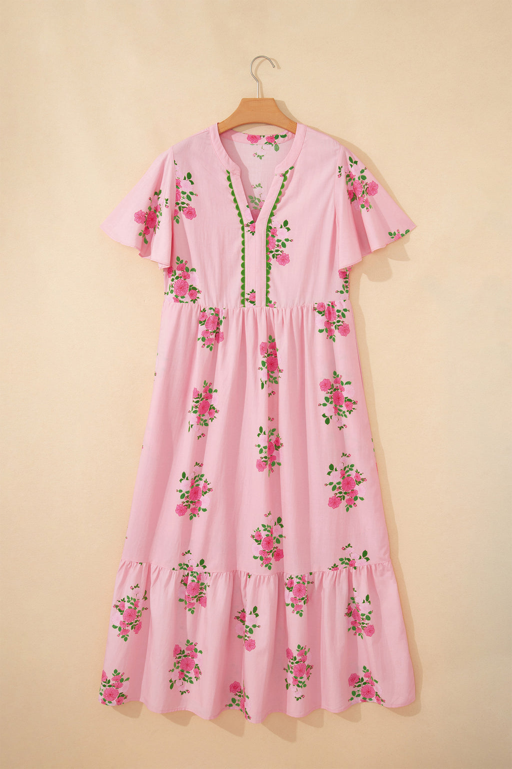 Notched Neck Flutter Short Sleeve Floral Print Maxi Dress