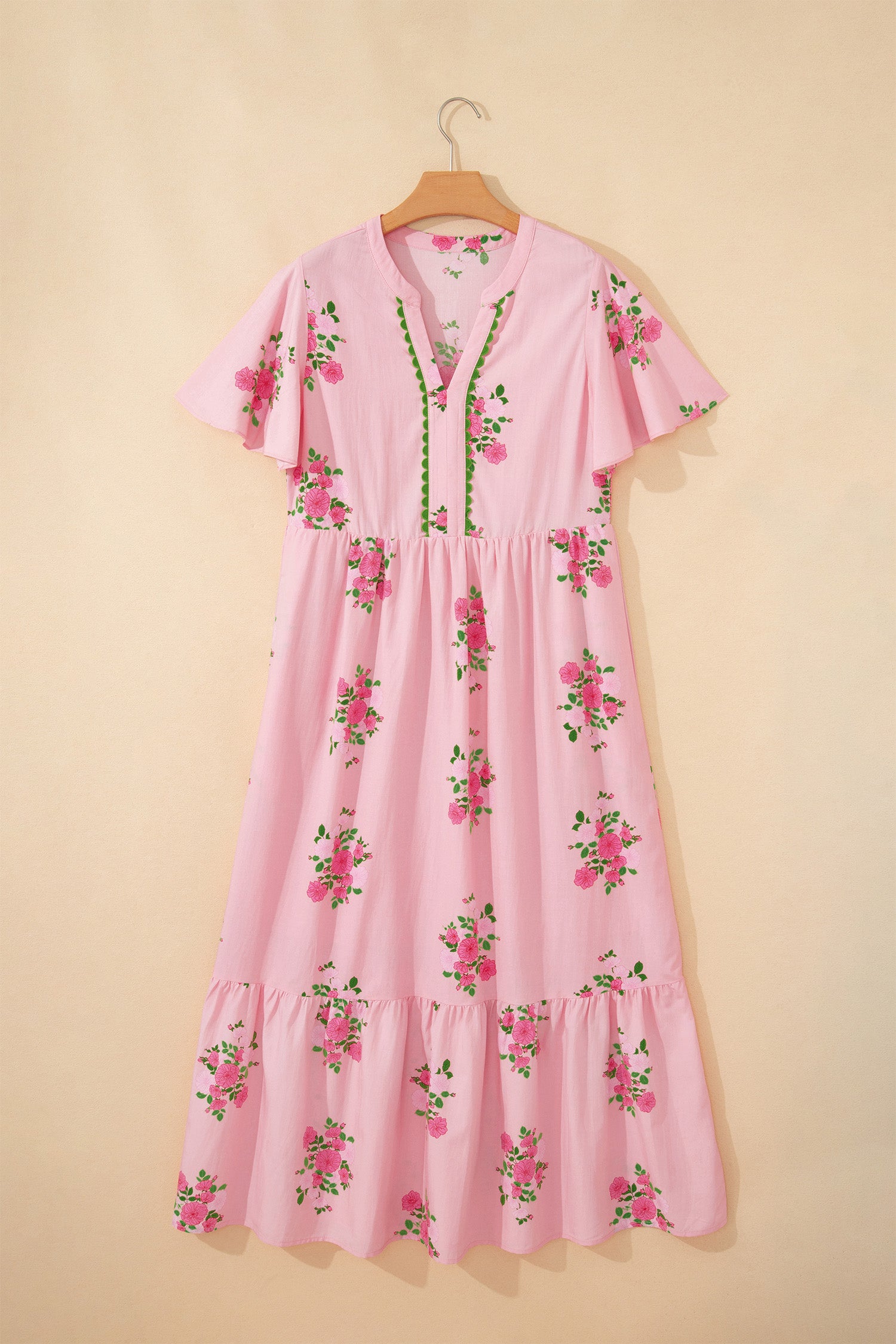 Notched Neck Flutter Short Sleeve Floral Print Maxi Dress