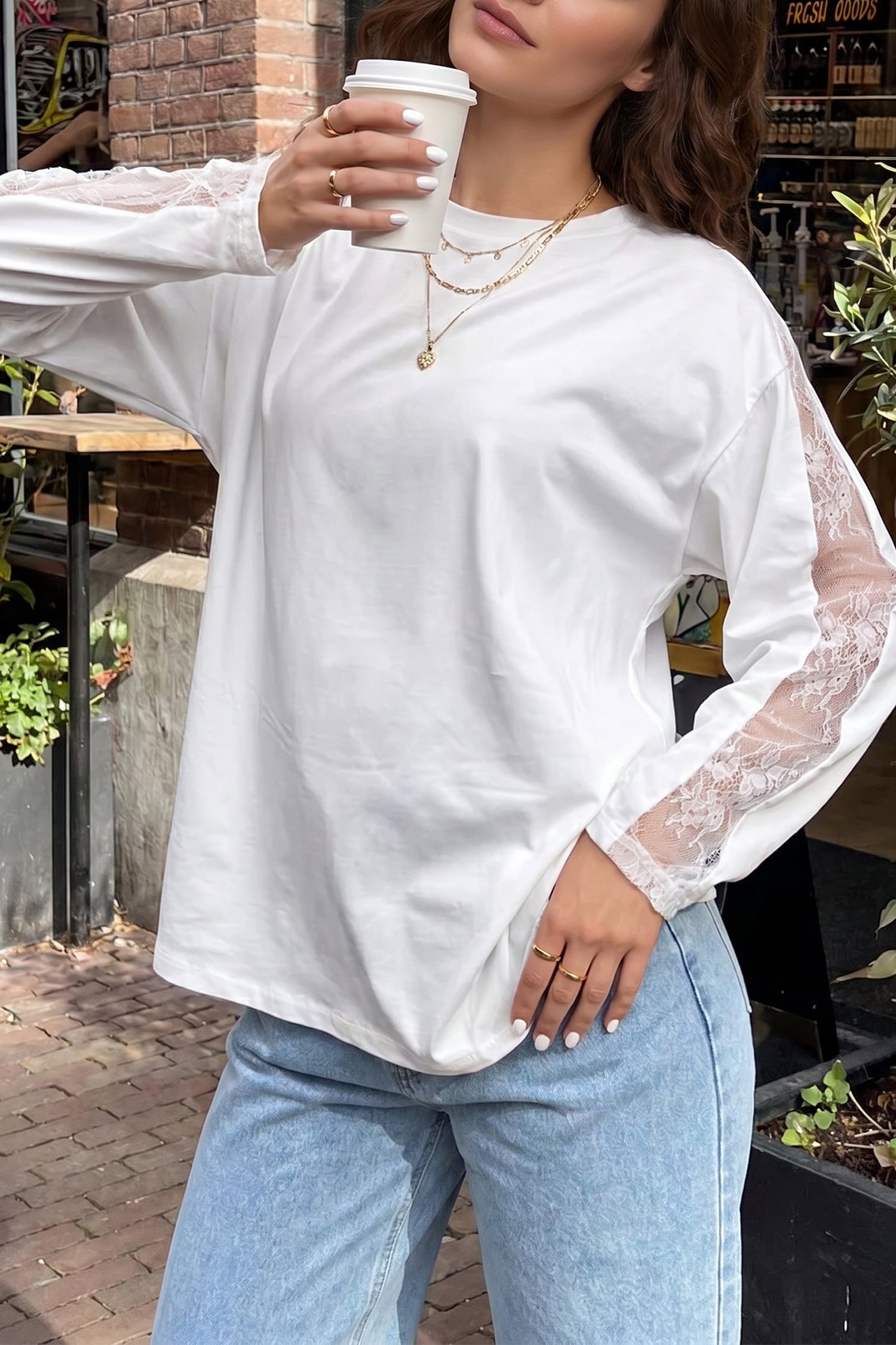White Sheer Lace Splicing Long Sleeve Shift Top