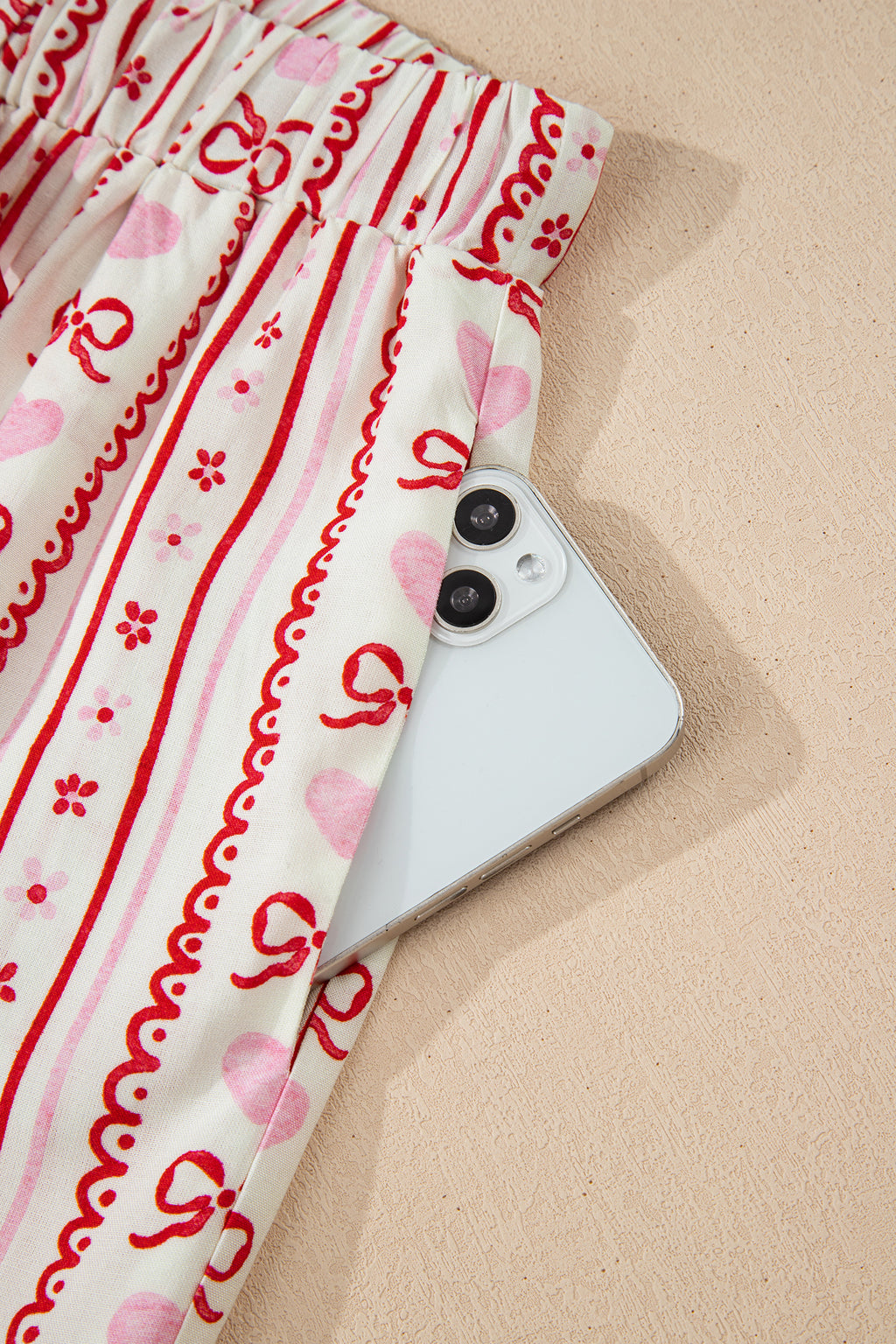 Red Sweet Floral Heart Bow Print Contrast Trim Long Sleeve Shirt Pyjama Short Set