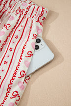 Red Sweet Floral Heart Bow Print Contrast Trim Long Sleeve Shirt Pyjama Short Set