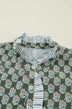 Green Contrast Striped Frilled Collar 3/4 Sleeve Plus Size Floral Dress