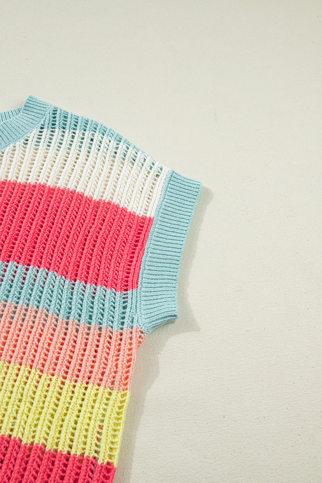 Green Stripe Color Block Hollow Out Knit Short Sleeve Sweater