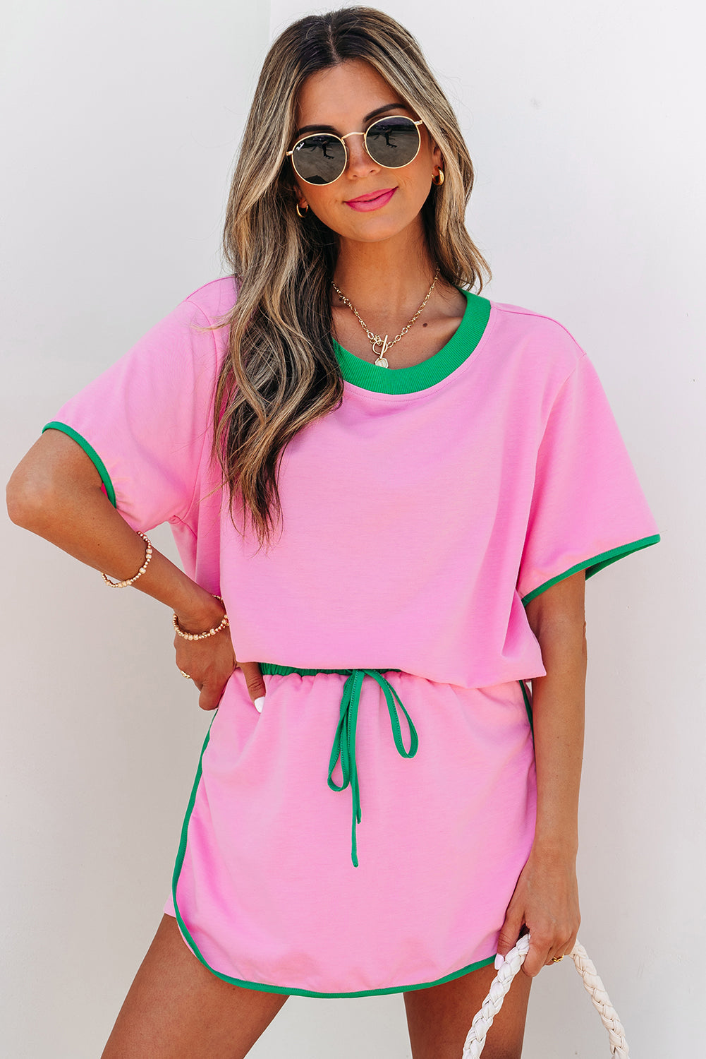 Color Block Edge Drop Shoulder T Shirt and Skort 2Pcs Set