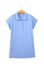Beau Blue Plus Size Solid Scalloped Hem Button Neck Pullover Mini Dress