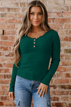 Lace Neckline Button Decor Lettuce Edge Long Sleeve Ribbed Top
