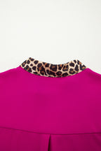 Violet Leopard Patchwork Trim Split Neck Short Sleeve Blouse