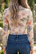 Apricot Floral Mesh Long Sleeve Thumbhole Hem Pullover