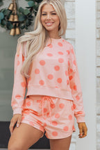 Polka Dot Print Drop Shoulder Pullover Drawstring Shorts Set
