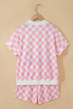Checkered Print Colour Block Trim Mock Neck Short Set
