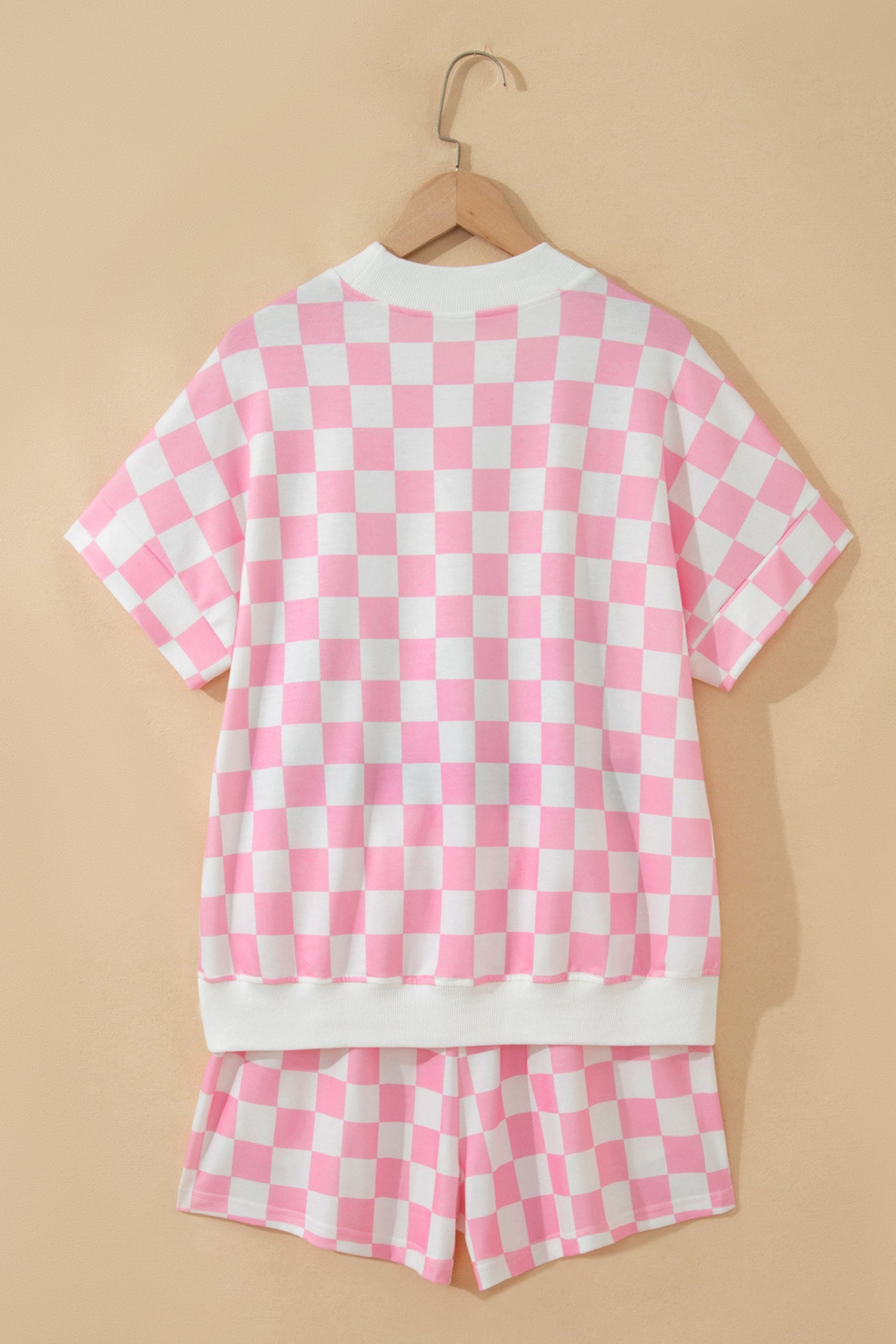Checkered Print Colour Block Trim Mock Neck Short Set