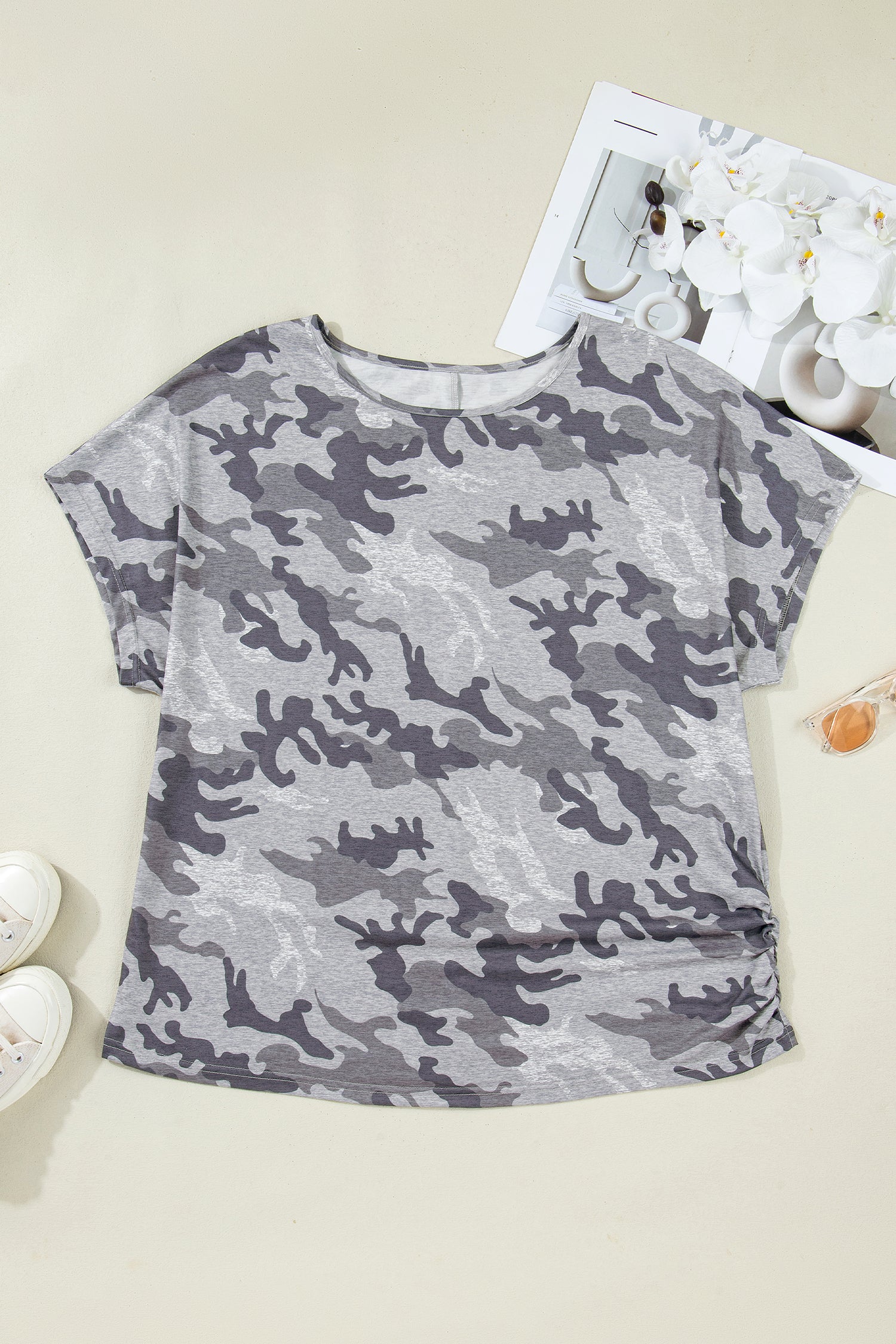 Grey Plus Size Camo Print Casual T Shirt