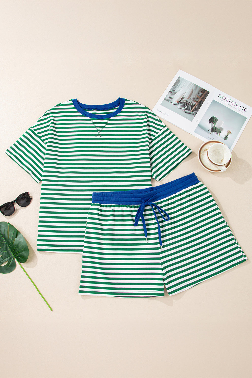 Striped Boxy Tee Drawstring Elastic Waist Plus Size Short Set