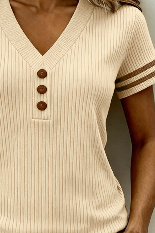Apricot V Neck Ribbed Knit Striped Trim Short Sleeve Sweater