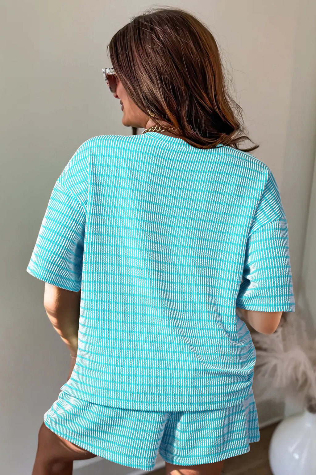 Striped Raised Rib Loose Tee Drawstring Elastic Waist 2pcs Short Set