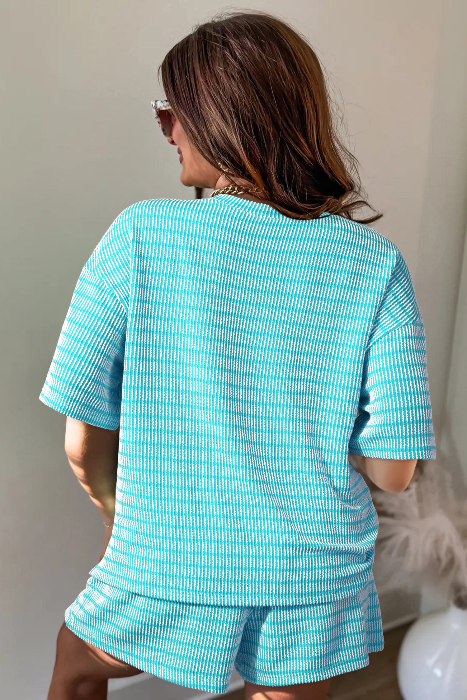 Striped Raised Rib Loose Tee Drawstring Elastic Waist 2pcs Short Set