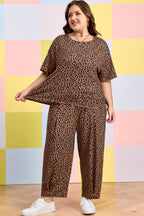Brown Plus Size Leopard Loose Top Pleated Pants Set