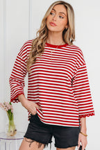 Striped Print Drop Shoulder Lace Trim Bracelet Sleeve Loose Top