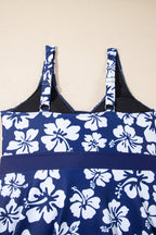 Blue Floral Print Patchwork Bow Knot Detail Sleeveless Swim Dress