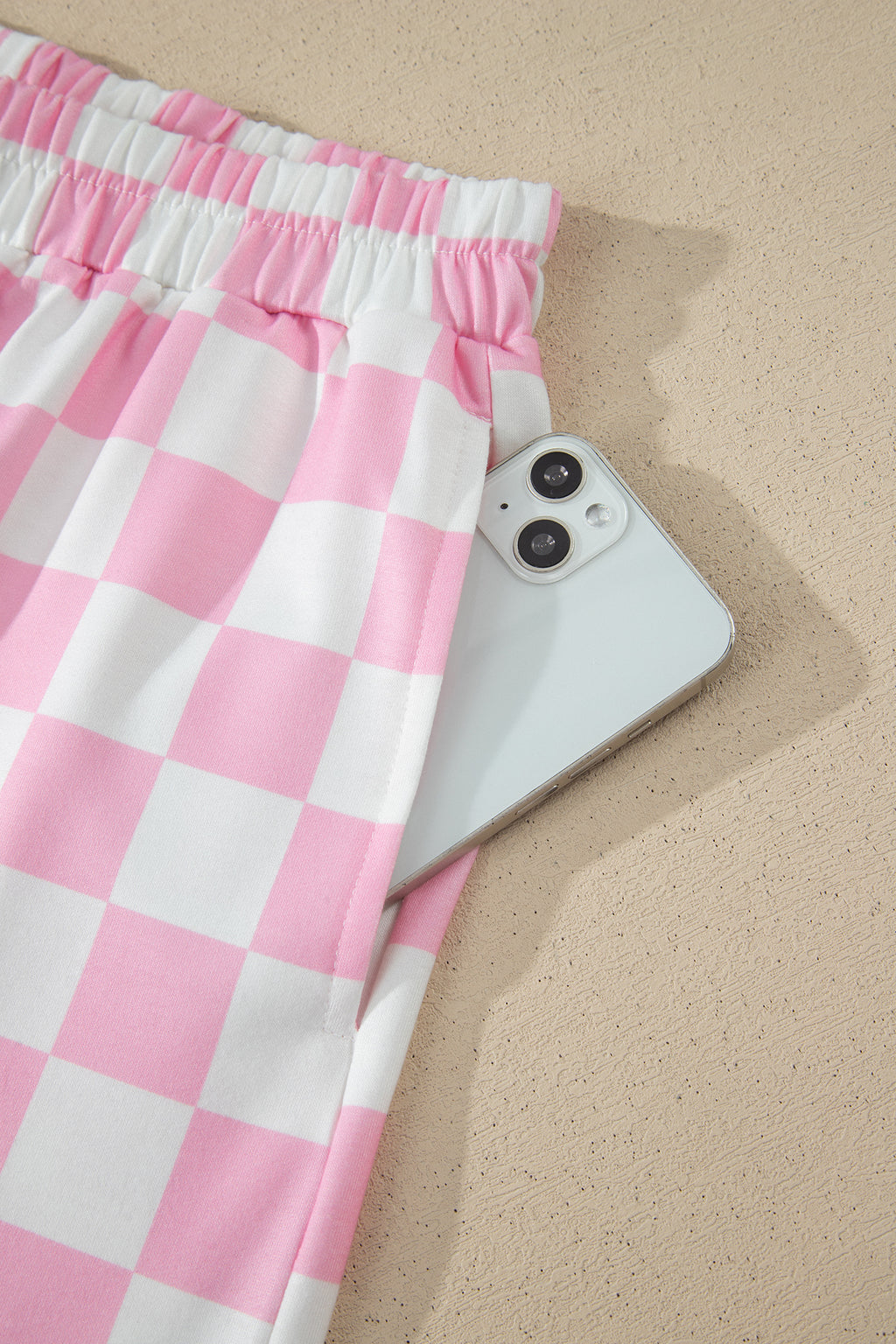 Checkered Print Colour Block Trim Mock Neck Short Set