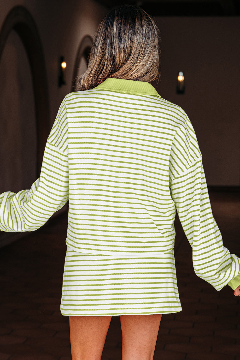 Striped Collared V Neck Drop Shoulder Pullover and Skort 2pcs Outfit