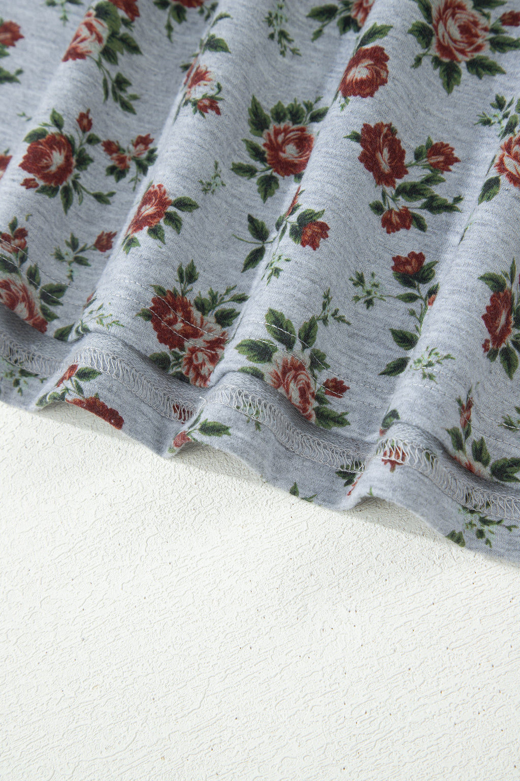 Grey Retro Floral Print Denim Patchwork Plus Size Polo Tee