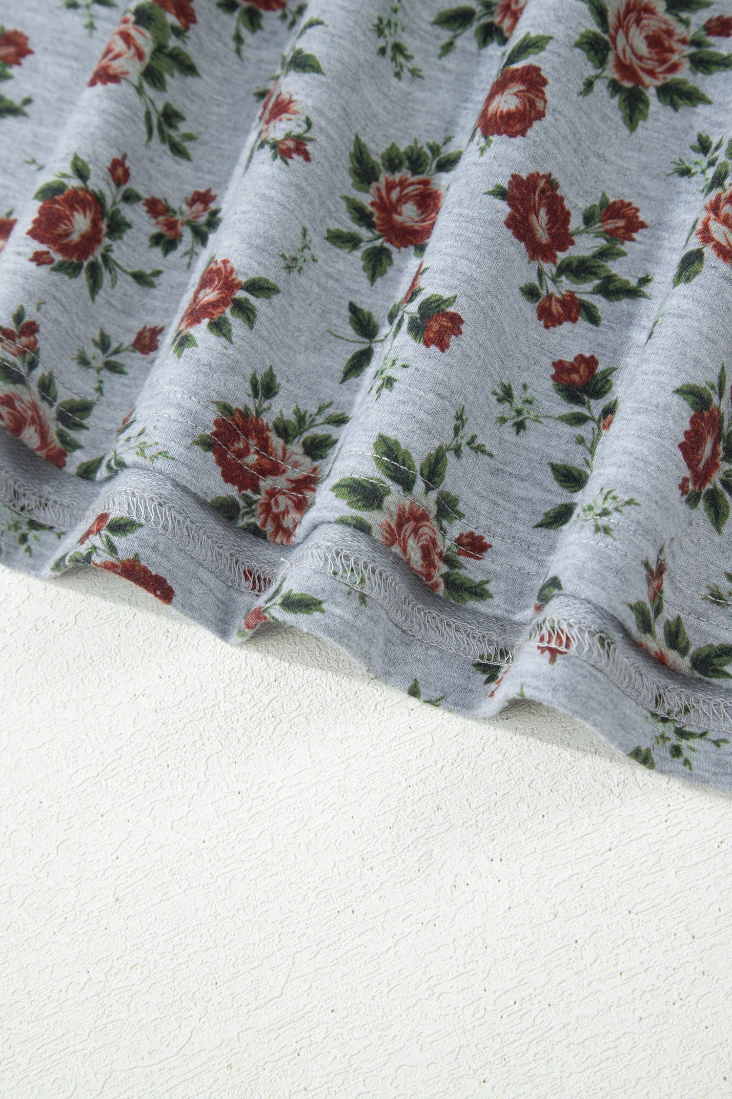 Grey Retro Floral Print Denim Patchwork Plus Size Polo Tee
