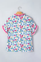 Rose Floral Print Ruffle V-Neck Short Sleeve Loose Tunic Shirt